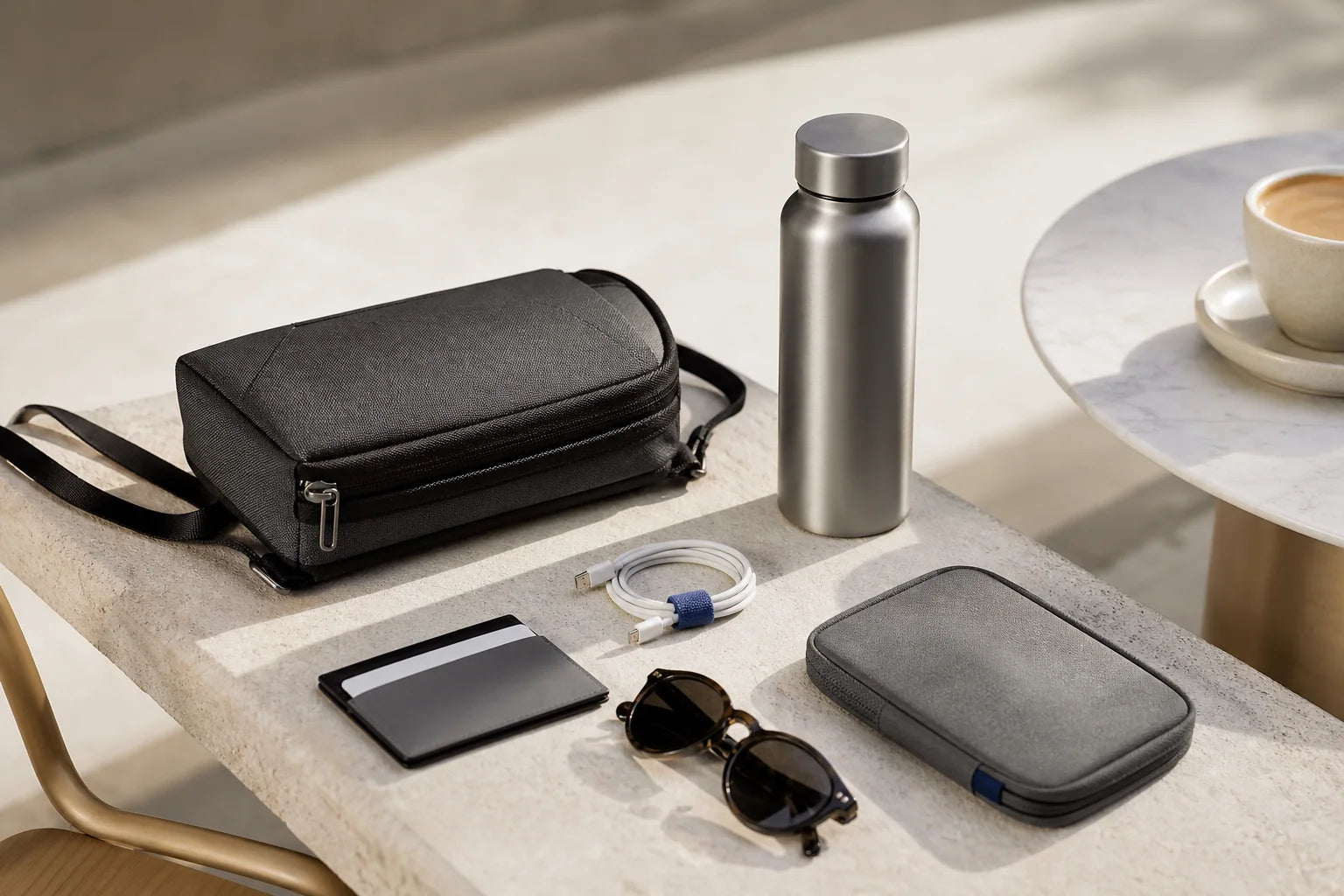 Modern everyday accessories arranged for work and travel