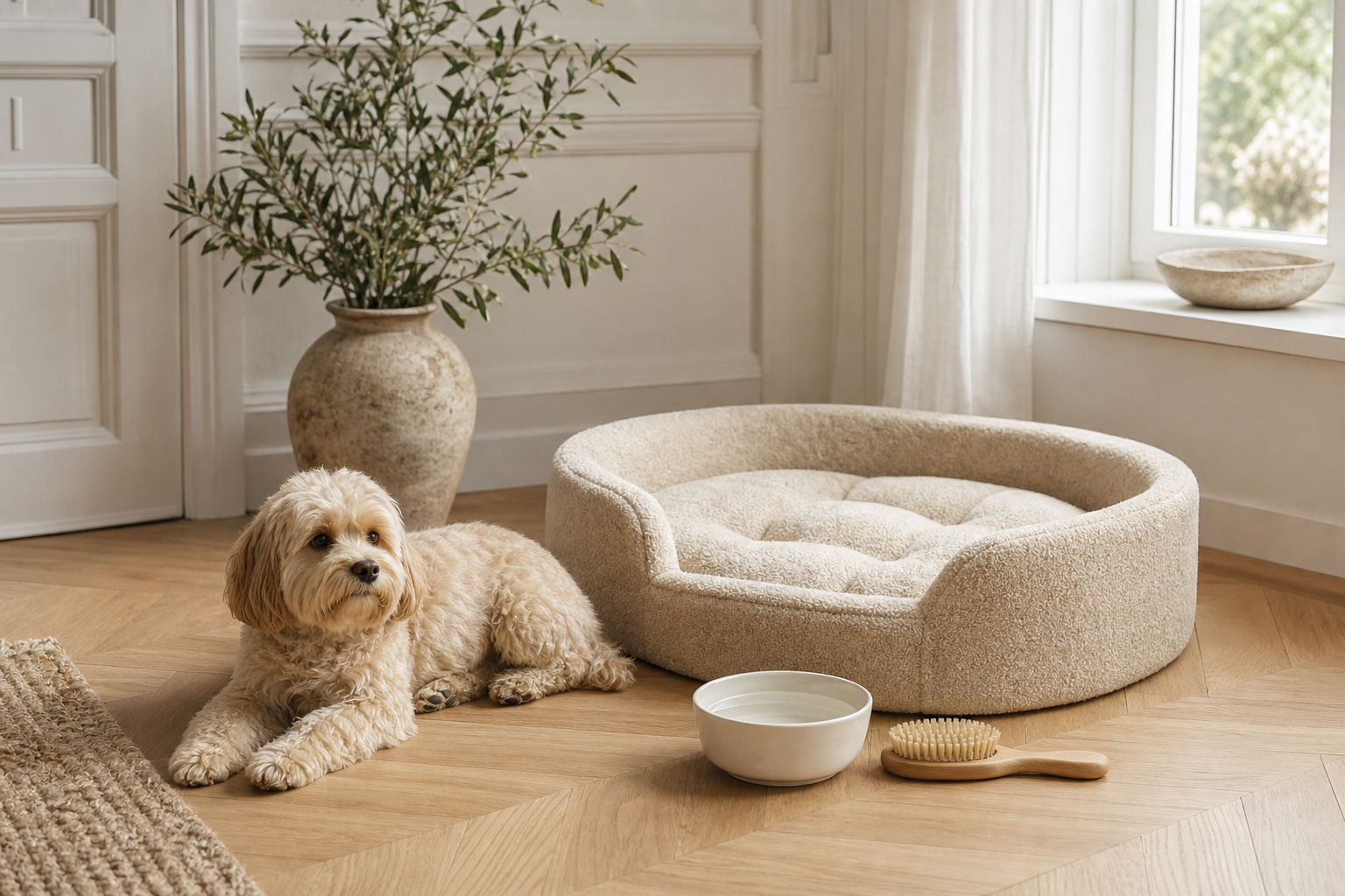 Premium pet bed and essentials in a calm modern home