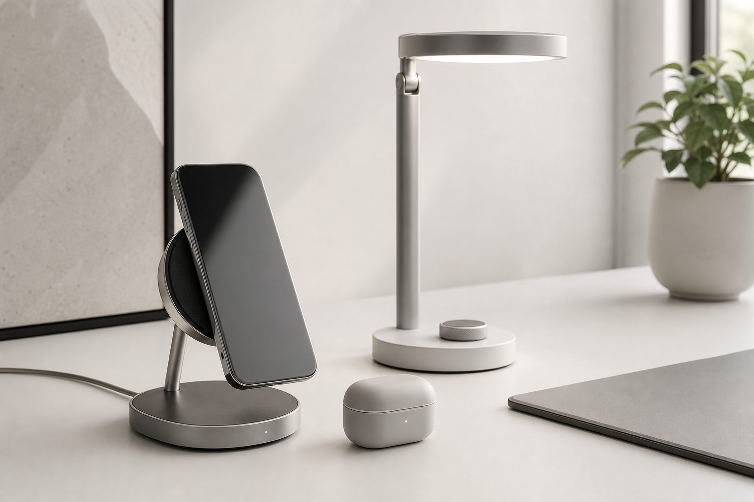 Minimal smart gadgets on a refined modern desk