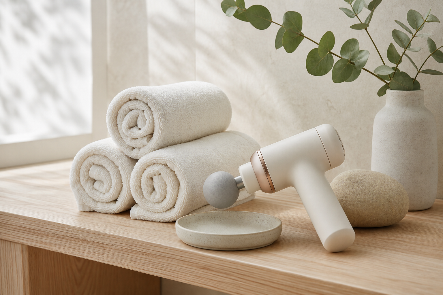 Minimal wellness and massage essentials with soft towels
